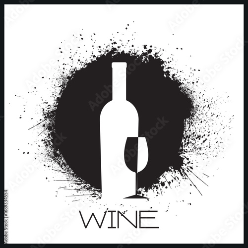Wine bottle, glass, grunge style illustration, outline image, realistic splashes, party poster. Wine bar banner, red wine, white, chardonnay, merlot, cabernet, drink, alcohol