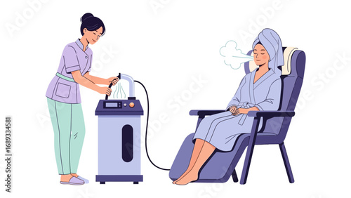 Skilled professional administers oxygen therapy to a relaxed patient seated in a comfortable chair with a towel on their head