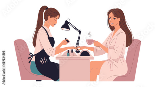 Professional manicurist carefully applying nail polish to a client s hand at a well lit salon table