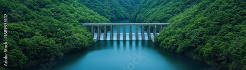 A stunning view of a bridge spanning a tranquil blue lake, surrounded by lush green hills, showcasing a harmonious blend of nature and infrastructure.