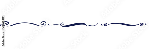 Set of calligraphic brush-style dividers with flowing curves and subtle swirls in deep navy blue color on transparent background
