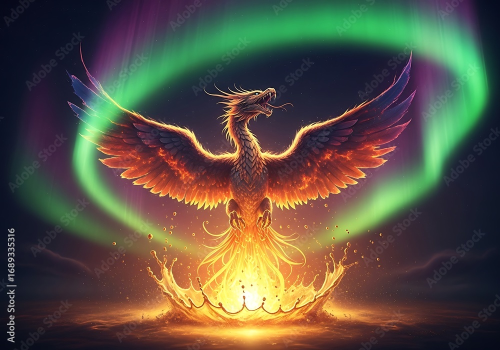 Obraz premium Mythical phoenix rising amidst swirling celestial auroral background