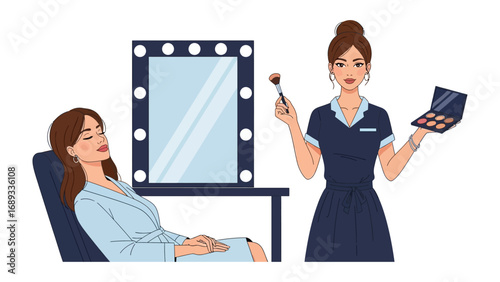 Professional makeup artist applying cosmetics to a client in a beauty salon with illuminated mirror