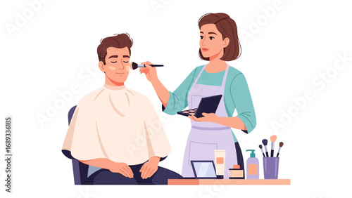 Professional makeup artist applying foundation to a male client in a studio setting