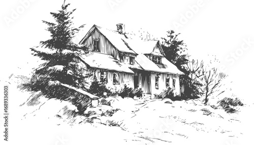 Black and white sketch of a rustic house surrounded by trees and snow. Vector illustration