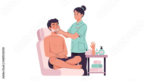 Professional aesthetician performing facial treatment on a male client in a spa setting