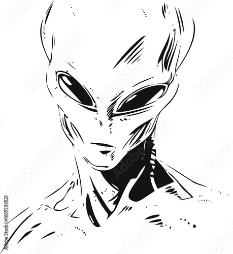 Black and white drawing of an alien with large eyes, digital artwork. Vector illustration