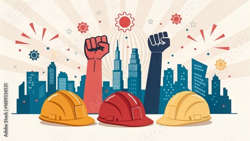 Labor Day Celebration Cityscape - Three hard hats sit before a city skyline and raised fists, symbolizing unity and labor achievements. A festive, celebratory design