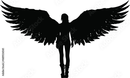 Silhouette of angelic figure with wings spread wide in black and white. Vector illustration