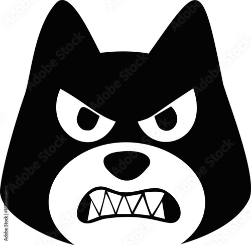 Angry cartoon cat with fierce eyes and bared teeth in black and white art. Vector illustration