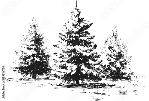 Black and white illustration of three snow-covered pine trees in winter. Vector illustration