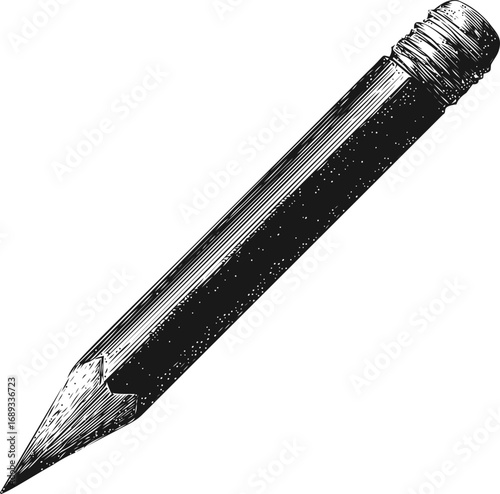 Black and white etching of a classic pencil with detailed texture and shading. Vector illustration