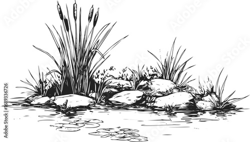 Black and white sketch of a tranquil pond with cattails and rocks, nature scene. Vector illustration