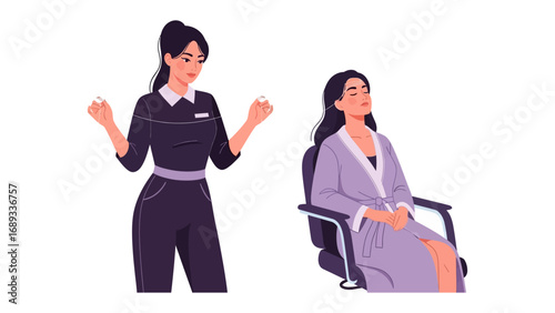 Stylist consults with client in salon discussing hair treatment options with enthusiasm and care