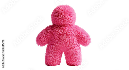 Pink Fuzzy Person Toy Figure Isolated on Black Background Cute and Soft Plush Character