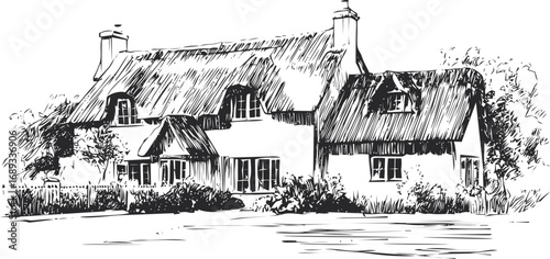 Black and white sketch of a quaint thatched cottage with lush garden. Vector illustration