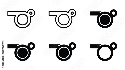 Six Whistle Vector Icons: Line Art, Solid, and Outline Styles;  Black and White;  Sport, Referee, and Signal Concepts.