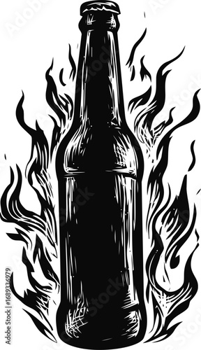 Silhouette of a bottle with surrounding flames, black and white illustration. Vector illustration