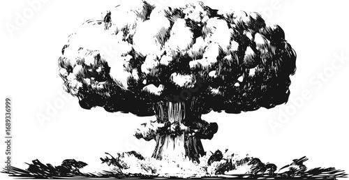 Black and white sketch of a mushroom cloud from an explosion, dynamic and powerful. Vector illustration