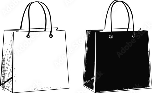 Illustration of black and white shopping bags with handles in a minimalist style. Vector illustration