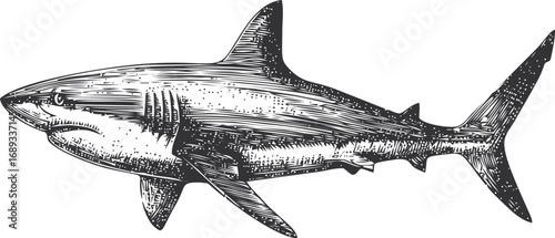 Detailed black ink illustration of a great white shark swimming forward. Vector illustration