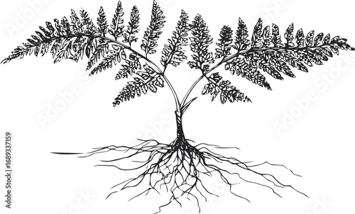 Illustrated fern plant showing detailed leaves and roots, botanical drawing. Vector illustration