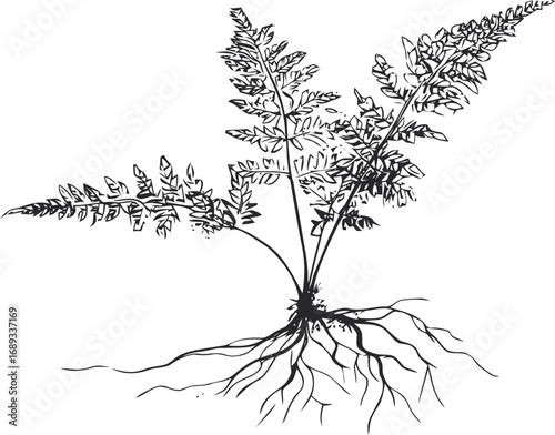 Black and white drawing of a fern plant with roots spreading outward. Vector illustration
