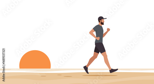 Man Running on Beach at Sunset Flat Vector Illustration.