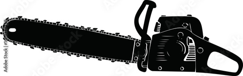 Silhouette of a detailed chainsaw design in black and white engineering style. Vector illustration