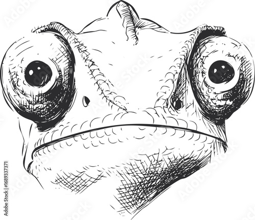 Detailed black and white sketch of a frog face with large expressive eyes. Vector illustration