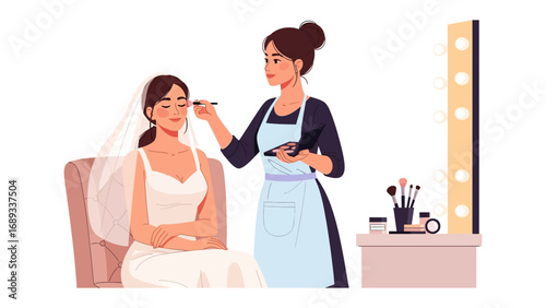 Professional makeup artist applying cosmetics to a bride s face in a brightly lit studio setting
