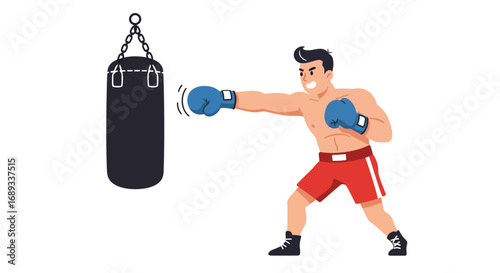 Cartoon Boxer Training with Punching Bag in Gym.