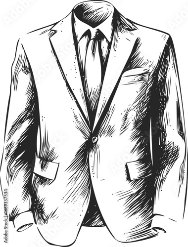 Illustration of a black and white suit jacket with tie sketch drawing. Vector illustration