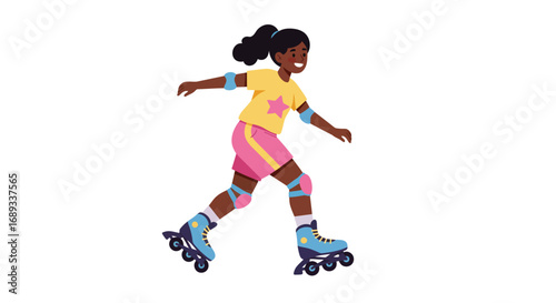 Cartoon Girl Roller Skating with Protective Gear and a Star TShirt.