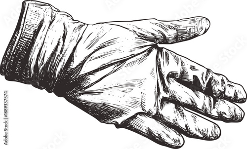Detailed sketch of a right hand in a glove drawn in black and white lines. Vector illustration