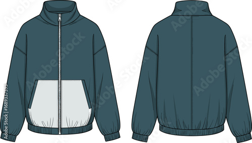 Track jacket flat sketch, high neck zipper jacket cad, sporty outerwear design, front and back view, technical fashion illustration