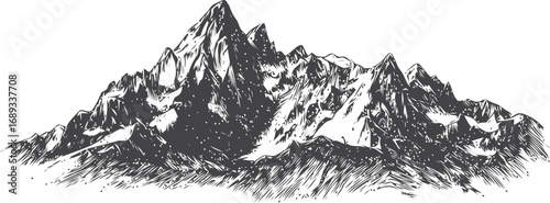 Detailed black and white sketch of a rugged mountain landscape illustration. Vector illustration