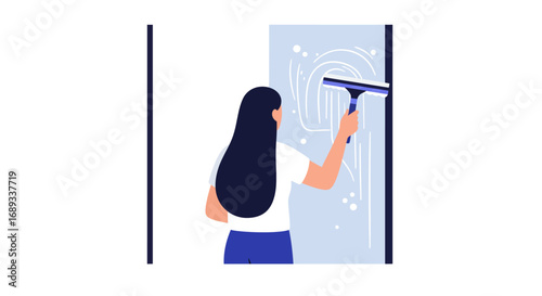 Woman Cleaning Window with Squeegee Long Dark Hair White TShirt.