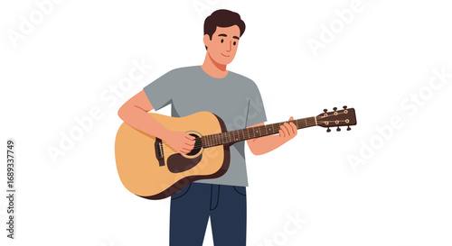 Man playing acoustic guitar with a focused expression wearing a gray tshirt.
