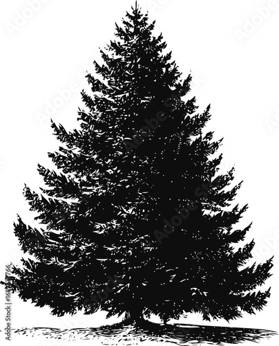 Silhouette of a large evergreen pine tree with detailed branches in illustration. Vector illustration