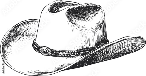 Detailed sketch of a classic cowboy hat with a decorative band. Vector illustration