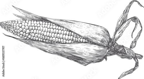 Detailed monochrome illustration of an ear of corn with husk partially peeled. Vector illustration