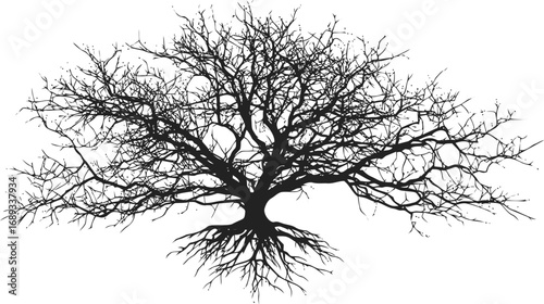 Silhouette of a bare tree with intricate branches and roots. Vector illustration