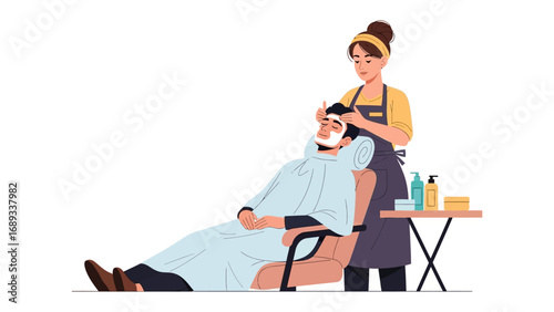 Professional barber shaving a client s face with foam and razor in a modern salon setting