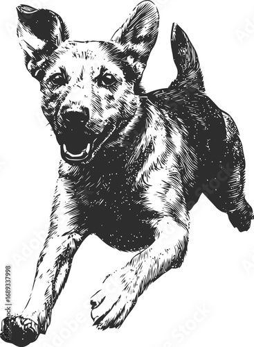 Jumping happy dog in black and white illustration, energetic pet artwork. Vector illustration