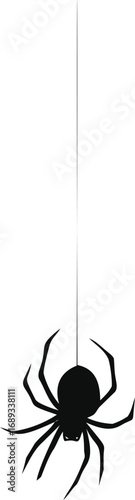 Black silhouette of spider hanging on thin silk thread against. Vector illustration