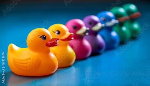 a vibrant lineup of colorful duck toys standing in a row symbolizing diversity and order