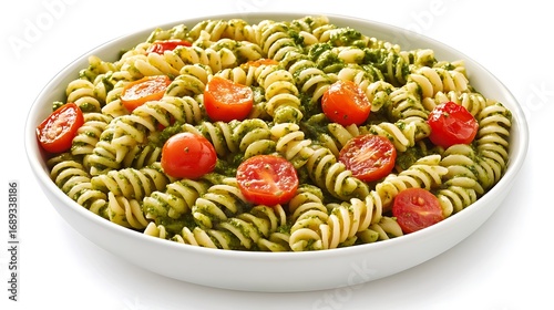 Fusilli pasta in pesto sauce with cherry tomatoes