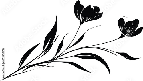 Black silhouette of tulips with elongated leaves, floral vector design. Vector illustration