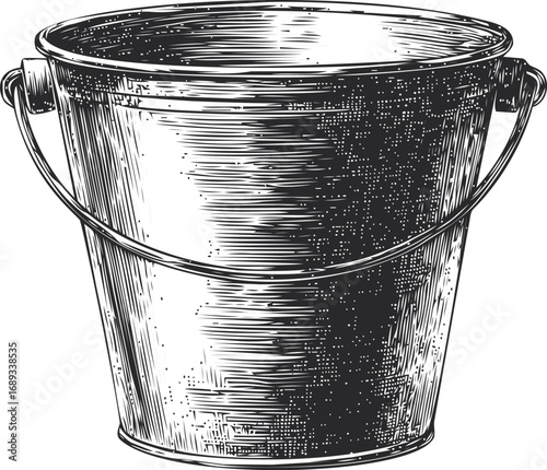 Hand-drawn sketch of a metal bucket with intricate shading details. Vector illustration